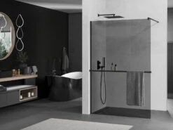 Mexen Kioto+ ścianka Prysznicowa Z Półką I Relingiem 110 X 200 Cm, Grafit 8 Mm, Czarna - 800-110-121-70-40